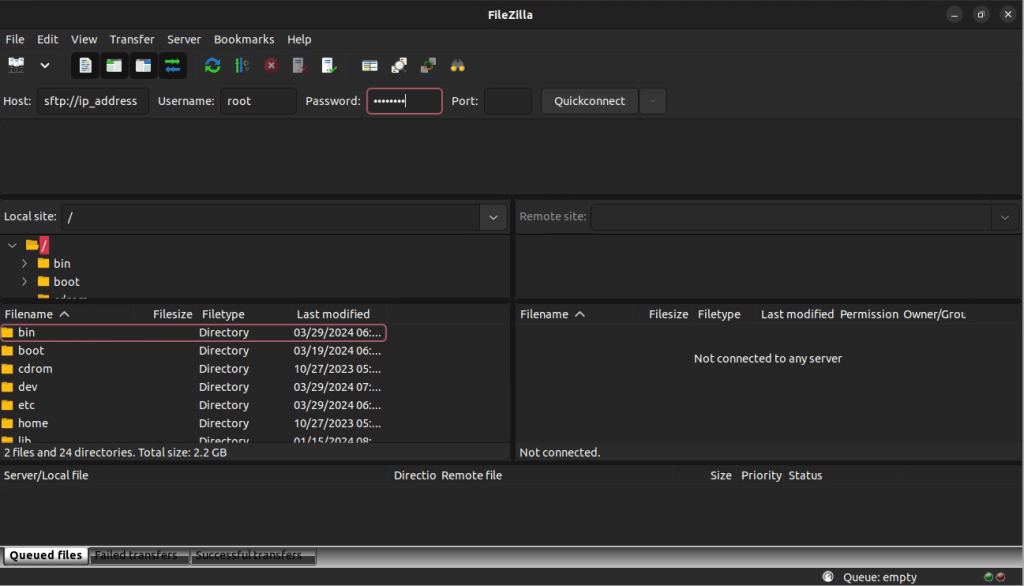 Screenshot showing FileZilla GUI and configuration settings