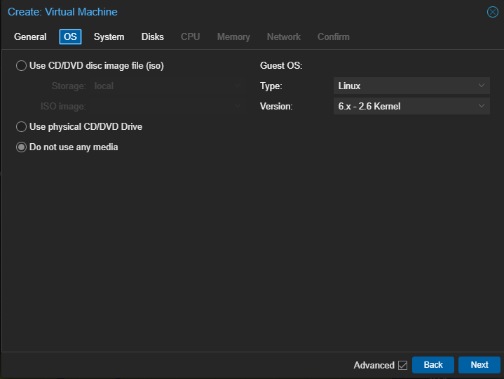 image of virtual machine creation window, selection do not use any media